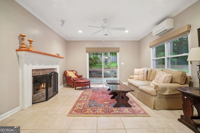 2790 Laurel Ridge Dr, Decatur, GA 30033 - living room with a wall mounted air conditioner, healthy amount of natural light, ceiling fan, light tile patterned floors, and crown molding