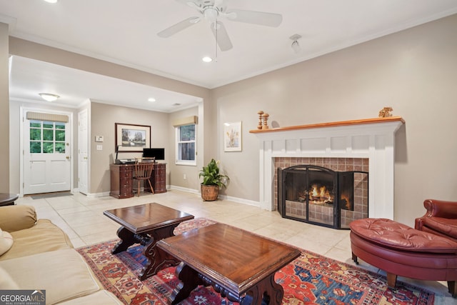 2790 Laurel Ridge Dr, Decatur, GA 30033 - living room featuring tile patterned floors, a fireplace, ceiling fan, recessed lighting, and healthy amount of natural light