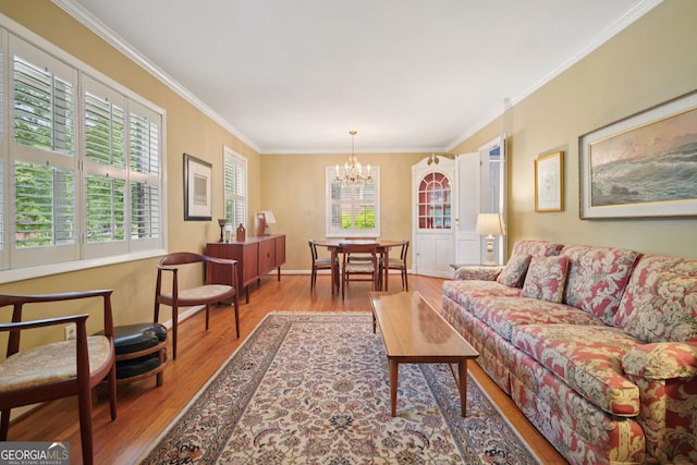 2790 Laurel Ridge Dr, Decatur, GA 30033 - living room featuring a chandelier, wood finished floors, and crown molding