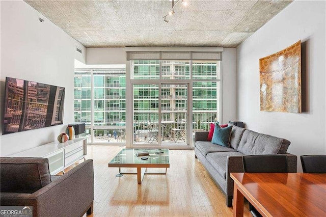 943 Peachtree St NE Unit 902, Atlanta, GA 30309 - living room with hardwood / wood-style floors, track lighting, and floor to ceiling windows