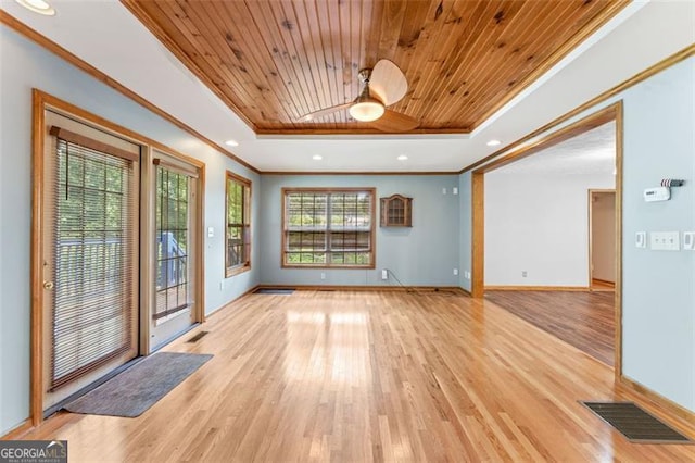 137 Trickum Hills Dr, Woodstock, GA 30188 - unfurnished room with a tray ceiling, wood ceiling, ornamental molding, a ceiling fan, and light wood finished floors