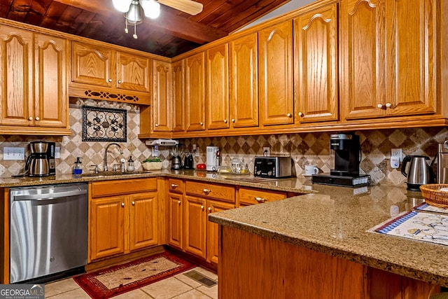 1813 Freeman Rd, Jonesboro, GA 30236 - kitchen featuring stainless steel dishwasher, decorative backsplash, brown cabinetry, and wood ceiling