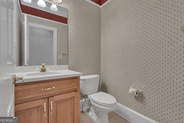 821 Carnellian Ln, Peachtree City, GA 30269 - half bath with wallpapered walls, tile patterned floors, and vanity
