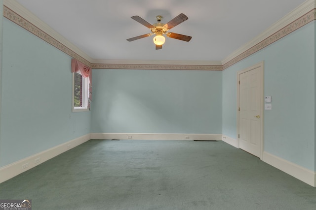 821 Carnellian Ln, Peachtree City, GA 30269 - spare room featuring ornamental molding, ceiling fan, and carpet flooring