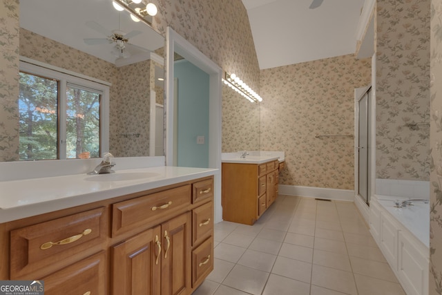 821 Carnellian Ln, Peachtree City, GA 30269 - full bathroom with ceiling fan, tile patterned flooring, two vanities, a stall shower, and wallpapered walls