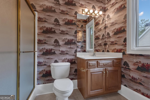 821 Carnellian Ln, Peachtree City, GA 30269 - full bath featuring wallpapered walls, vanity, a stall shower, and tile patterned flooring