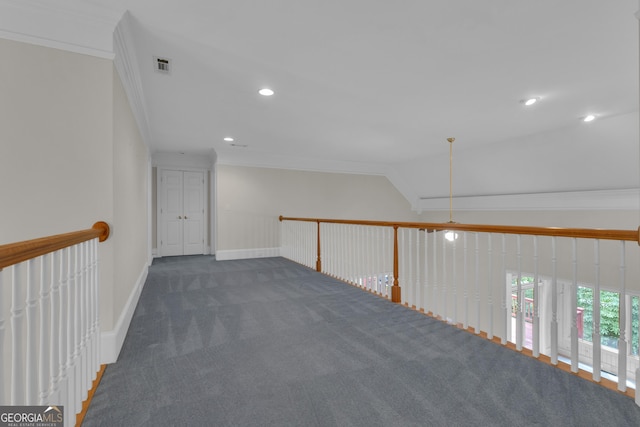 821 Carnellian Ln, Peachtree City, GA 30269 - hallway featuring crown molding, carpet floors, recessed lighting, and vaulted ceiling