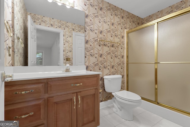 821 Carnellian Ln, Peachtree City, GA 30269 - bathroom featuring wallpapered walls, vanity, tile patterned floors, and a shower stall