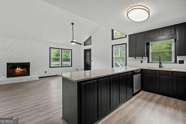 50 Hearthstone Dr, Newnan, GA 30263 - kitchen with dark cabinets, a peninsula, light wood-style floors, lofted ceiling, and open floor plan