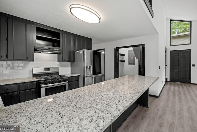50 Hearthstone Dr, Newnan, GA 30263 - kitchen with appliances with stainless steel finishes, dark cabinetry, light wood-style flooring, and ventilation hood