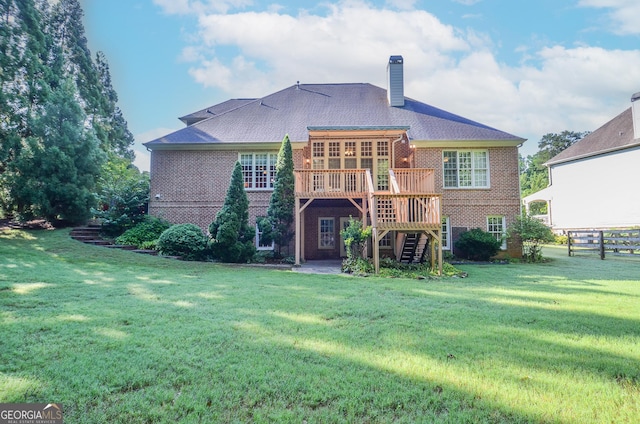 128 Laurel Ridge Dr, Alpharetta, GA 30004 - back of property with brick siding, stairs, a wooden deck, and a chimney