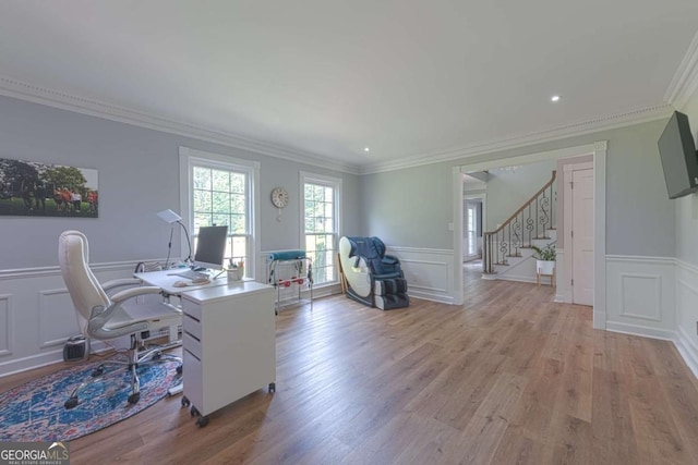 1908 Musket Ct, Stone Mountain, GA 30087 - office area featuring a decorative wall, light wood-style flooring, ornamental molding, wainscoting, and recessed lighting