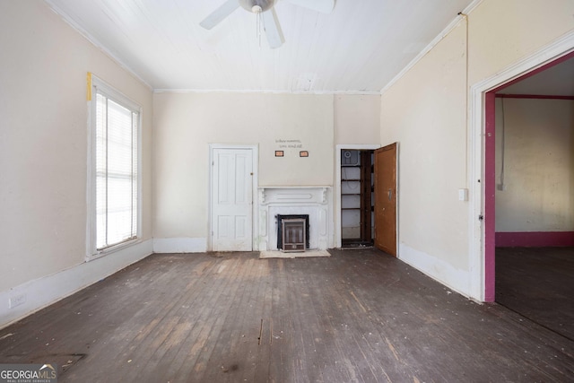67 Main St, Lumpkin, GA 31815 - unfurnished living room with ceiling fan, wood-type flooring, a fireplace with flush hearth, and ornamental molding