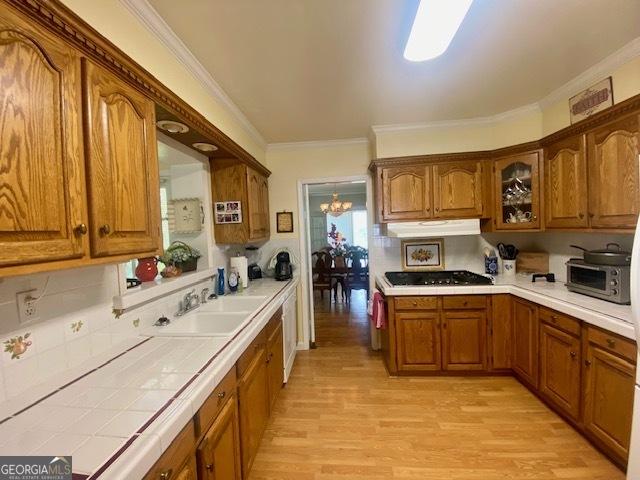 1812 Morgan Cantey Dr, Lanett, AL 36863 - kitchen with tile countertops, crown molding, brown cabinets, and light wood finished floors