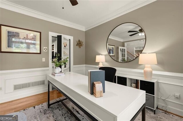 4300 May Apple Dr, Alpharetta, GA 30005 - office with ceiling fan, crown molding, wood finished floors, and wainscoting