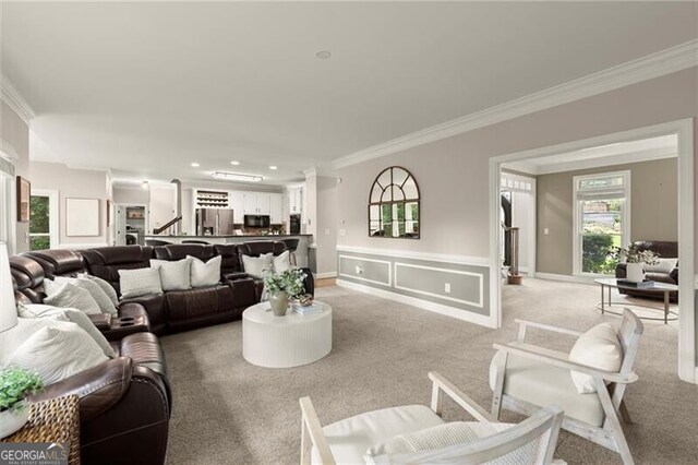 4300 May Apple Dr, Alpharetta, GA 30005 - living room featuring ornamental molding, light carpet, and recessed lighting