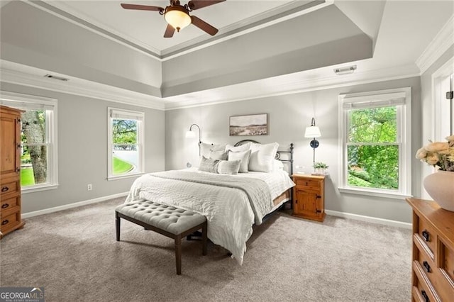 4300 May Apple Dr, Alpharetta, GA 30005 - bedroom with a raised ceiling, multiple windows, ornamental molding, light colored carpet, and ceiling fan