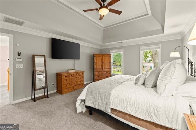 4300 May Apple Dr, Alpharetta, GA 30005 - carpeted bedroom with a raised ceiling, crown molding, and ceiling fan