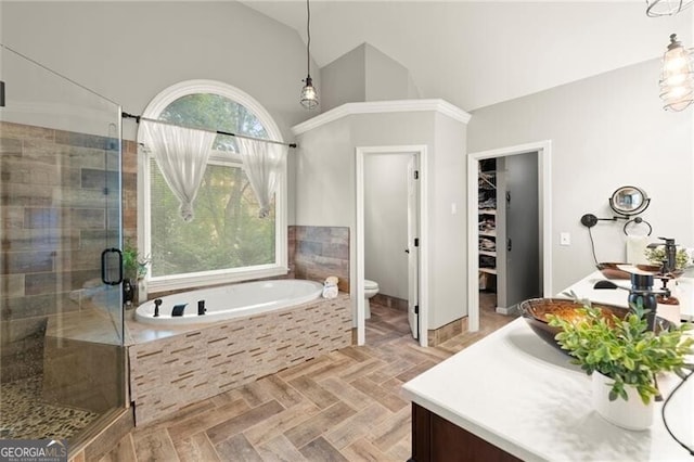 4300 May Apple Dr, Alpharetta, GA 30005 - bathroom with a shower stall, vanity, a garden tub, and high vaulted ceiling