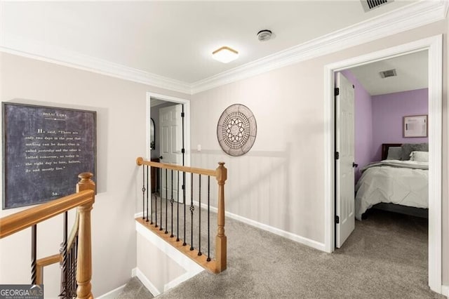 4300 May Apple Dr, Alpharetta, GA 30005 - hallway featuring an upstairs landing, carpet floors, and crown molding