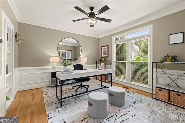 4300 May Apple Dr, Alpharetta, GA 30005 - office area with wood finished floors, ornamental molding, a wainscoted wall, and ceiling fan