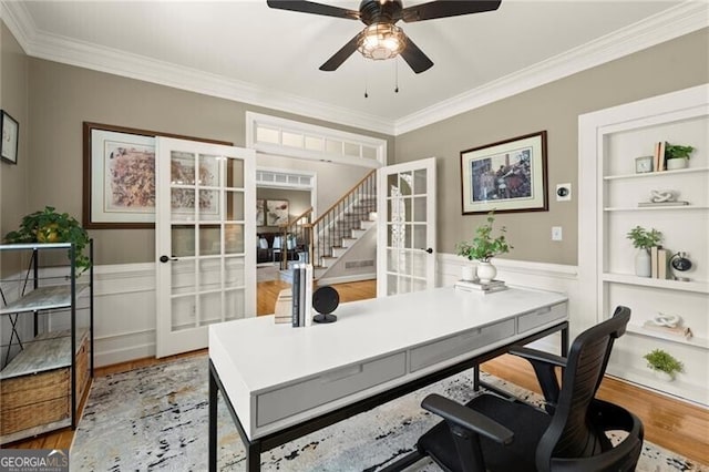 4300 May Apple Dr, Alpharetta, GA 30005 - office featuring french doors, built in features, ornamental molding, wood finished floors, and ceiling fan