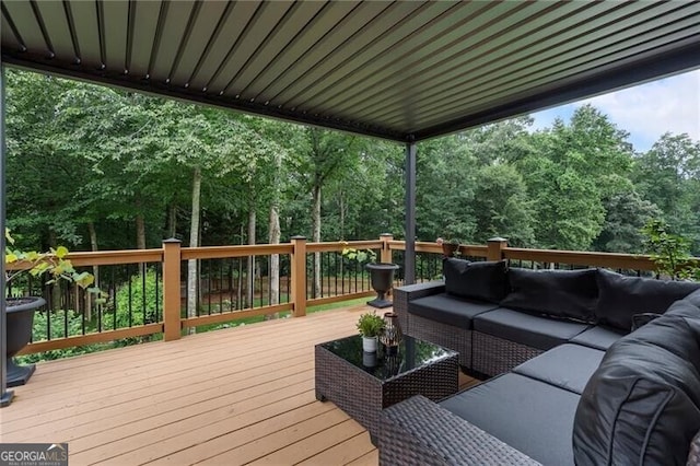 2772 Hillgrove Dr, Dacula, GA 30019 - wooden terrace with outdoor lounge area and view of wooded area