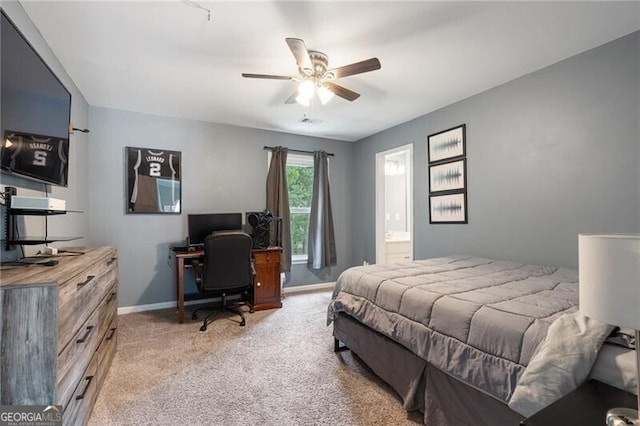 2772 Hillgrove Dr, Dacula, GA 30019 - bedroom with light carpet, an office area, a ceiling fan, and ensuite bathroom