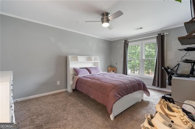 2772 Hillgrove Dr, Dacula, GA 30019 - bedroom featuring ornamental molding, carpet flooring, and a ceiling fan