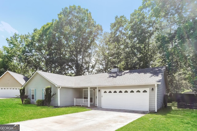 1421 Oak Knoll Dr NE, Conyers, GA 30012 - view of front facade with a front lawn, an attached garage, driveway, a chimney, and a shingled roof