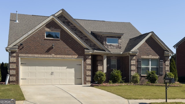 3368 Alhambra Cir, Hampton, GA 30228 - view of front of home featuring driveway, brick siding, a front lawn, roof with shingles, and a garage