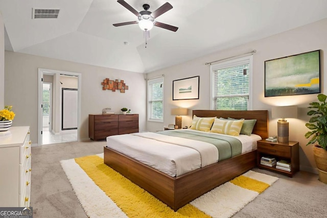 255 Hamilton Dr, Newnan, GA 30263 - bedroom with light carpet, lofted ceiling, and a ceiling fan