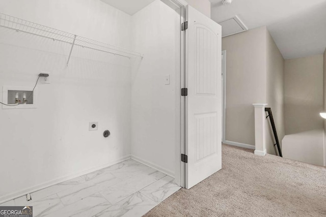 255 Hamilton Dr, Newnan, GA 30263 - laundry area with hookup for a washing machine, electric dryer hookup, light marble finish flooring, and attic access