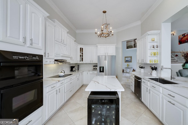 1000 Collingtree Ct, Mcdonough, GA 30253 - kitchen with black appliances, open shelves, backsplash, a chandelier, and crown molding