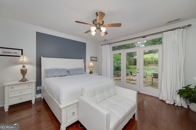 1000 Collingtree Ct, Mcdonough, GA 30253 - bedroom featuring access to outside, french doors, ornamental molding, dark wood finished floors, and ceiling fan