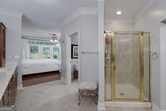 1000 Collingtree Ct, Mcdonough, GA 30253 - full bath with vanity, a shower stall, a ceiling fan, crown molding, and tile patterned floors
