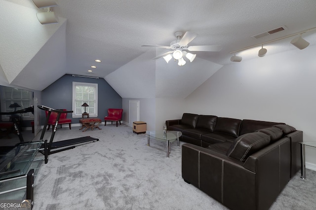 1000 Collingtree Ct, Mcdonough, GA 30253 - living room with carpet, vaulted ceiling, a ceiling fan, and a textured ceiling