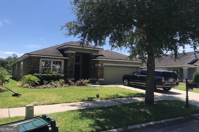 5785 Alamosa Cir, Jacksonville, FL 32258 - view of front of home featuring a garage, a front yard, driveway, and stone siding