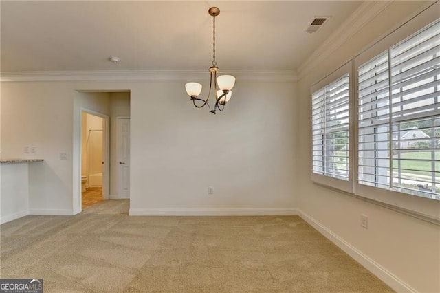 3411 Lindenridge Dr, Buford, GA 30519 - empty room featuring a chandelier, ornamental molding, and light carpet