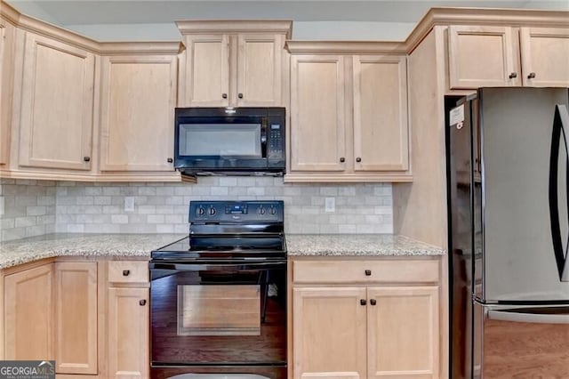 3411 Lindenridge Dr, Buford, GA 30519 - kitchen featuring black appliances, light brown cabinetry, decorative backsplash, and light stone countertops