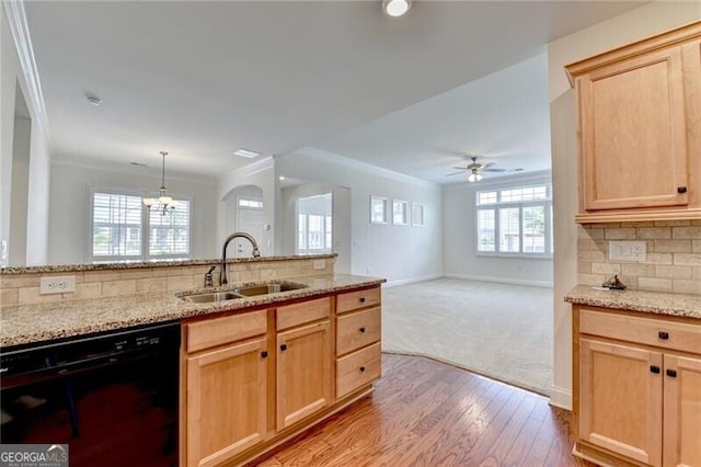 3411 Lindenridge Dr, Buford, GA 30519 - kitchen featuring dishwasher, light brown cabinets, ornamental molding, light stone countertops, and decorative backsplash