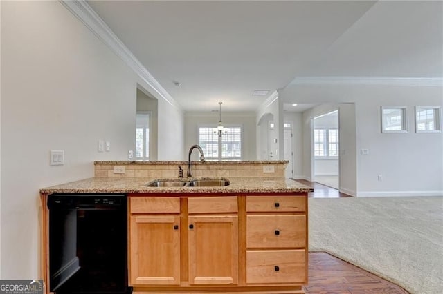 3411 Lindenridge Dr, Buford, GA 30519 - kitchen with black dishwasher, crown molding, a peninsula, light stone counters, and open floor plan