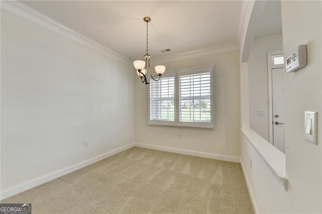 3411 Lindenridge Dr, Buford, GA 30519 - unfurnished room featuring a chandelier, ornamental molding, and light carpet