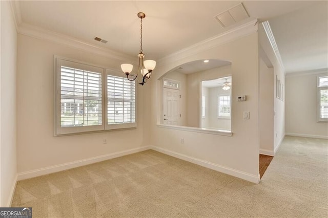 3411 Lindenridge Dr, Buford, GA 30519 - unfurnished room with ornamental molding, carpet floors, a chandelier, arched walkways, and a ceiling fan