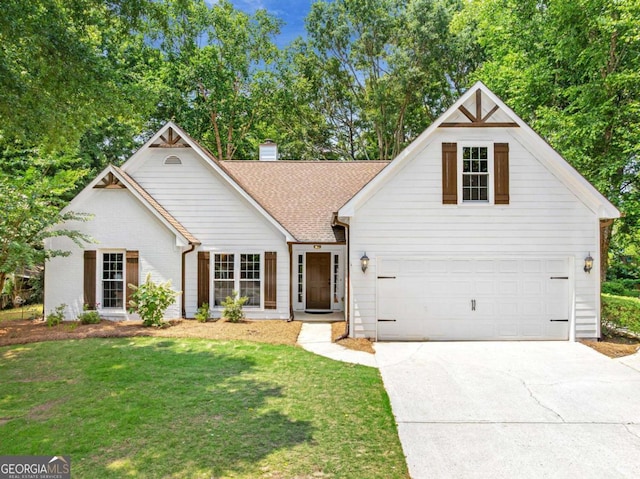 4210 Platinum Ct, Hoschton, GA 30548 - view of front of property featuring driveway, a garage, a front lawn, a shingled roof, and a chimney