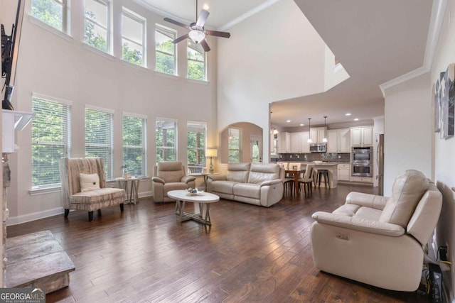2307 Loughridge Dr, Buford, GA 30519 - living area with a ceiling fan, crown molding, dark wood finished floors, a high ceiling, and recessed lighting
