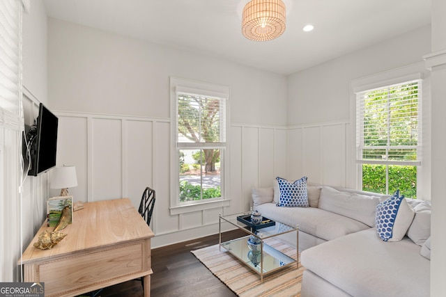 31 Frederica Oaks Ln, Saint Simons, GA 31522 - office area with a decorative wall, dark wood-style flooring, wainscoting, and recessed lighting