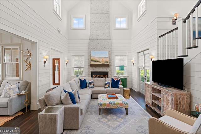 31 Frederica Oaks Ln, Saint Simons, GA 31522 - living area with high vaulted ceiling, hardwood / wood-style floors, a fireplace, stairway, and wooden walls