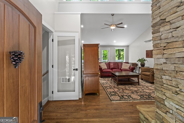 970 Pine Grove Pointe Dr, Roswell, GA 30075 - living room with dark wood-type flooring, a ceiling fan, a towering ceiling, and recessed lighting