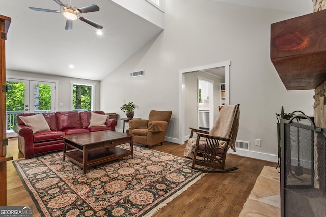 970 Pine Grove Pointe Dr, Roswell, GA 30075 - living room featuring a ceiling fan, high vaulted ceiling, wood finished floors, french doors, and recessed lighting